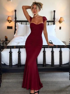 Robes de soirée longues sans manches à bretelles décolleté sexy robes roses