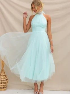 Robes De Soirée Robe Semi-formelle Violette Plissée À Col Haut Sans Manches