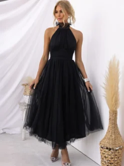 Robes De Soirée Robe Semi-formelle Violette Plissée À Col Haut Sans Manches