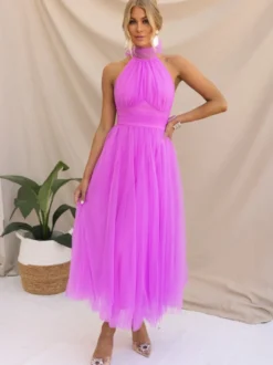 Robes De Soirée Robe Semi-formelle Violette Plissée À Col Haut Sans Manches