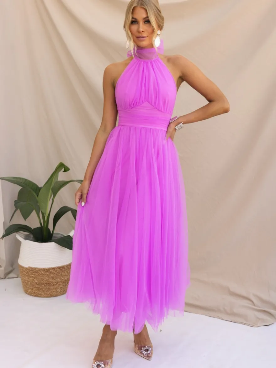 Robes De Soirée Robe Semi-formelle Violette Plissée À Col Haut Sans Manches