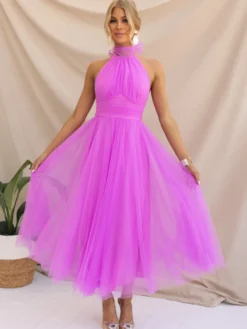 Robes De Soirée Robe Semi-formelle Violette Plissée À Col Haut Sans Manches