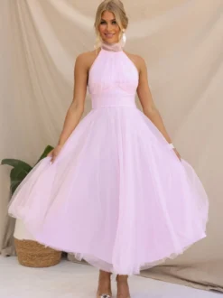 Robes De Soirée Robe Semi-formelle Violette Plissée À Col Haut Sans Manches