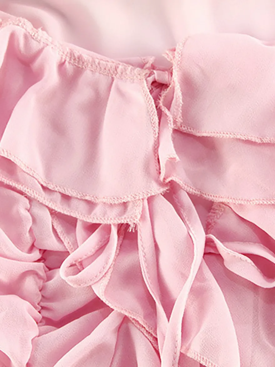 Robes de vacances roses chics mini dos nu à volants manches longues et épaules dénudées
