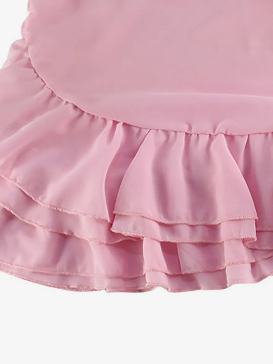 Robes de vacances roses chics mini dos nu à volants manches longues et épaules dénudées