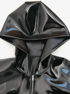 Robe sexy en latex avec fermeture éclair élastique uniforme body moulant à manches longues et capuche tenue de soirée midi sexy