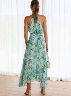 Robes Fleuri Maxi Imprimées Floral Sans Manches Élégantes Couches Plissées Dos Nu Longues Robes D'été