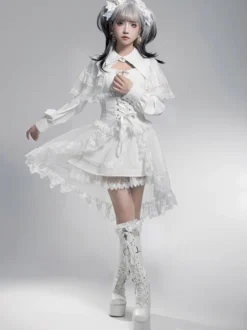 Robes gothiques Lolita avec nœuds et volants Blanc Blanc