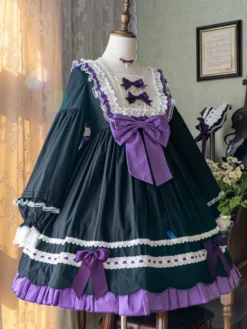 Robes gothiques Lolita avec nœuds et volants Noir Vert