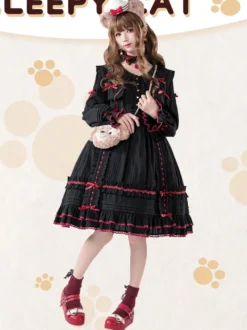 Robes gothiques Lolita avec nœuds et dentelles et blocs de couleurs Noir Noir