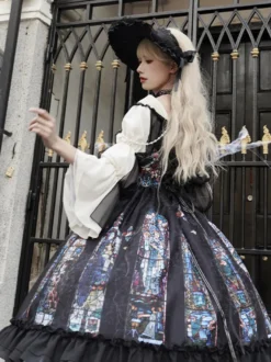 Robes Gothiques Lolita Dentelle Perles Jacquard Noir Noir