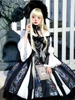 Robes Gothiques Lolita Dentelle Perles Jacquard Noir Noir