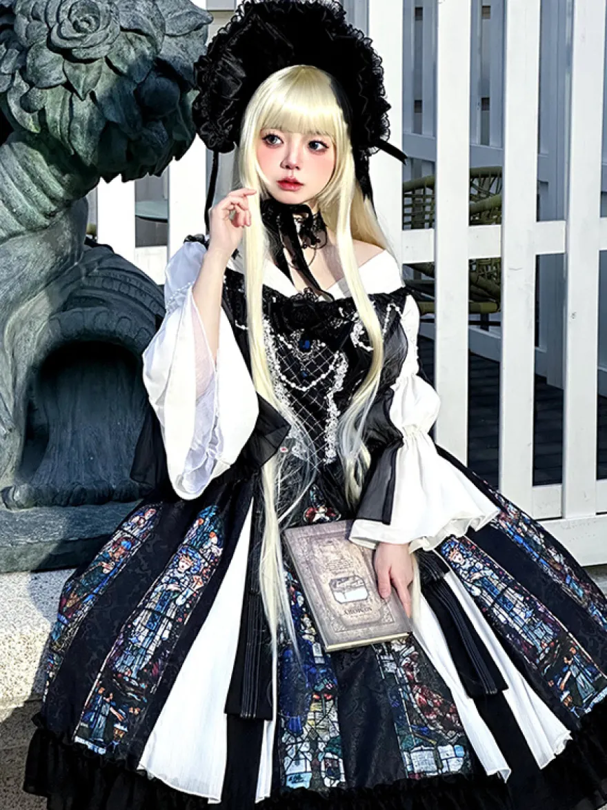 Robes Gothiques Lolita Dentelle Perles Jacquard Noir Noir
