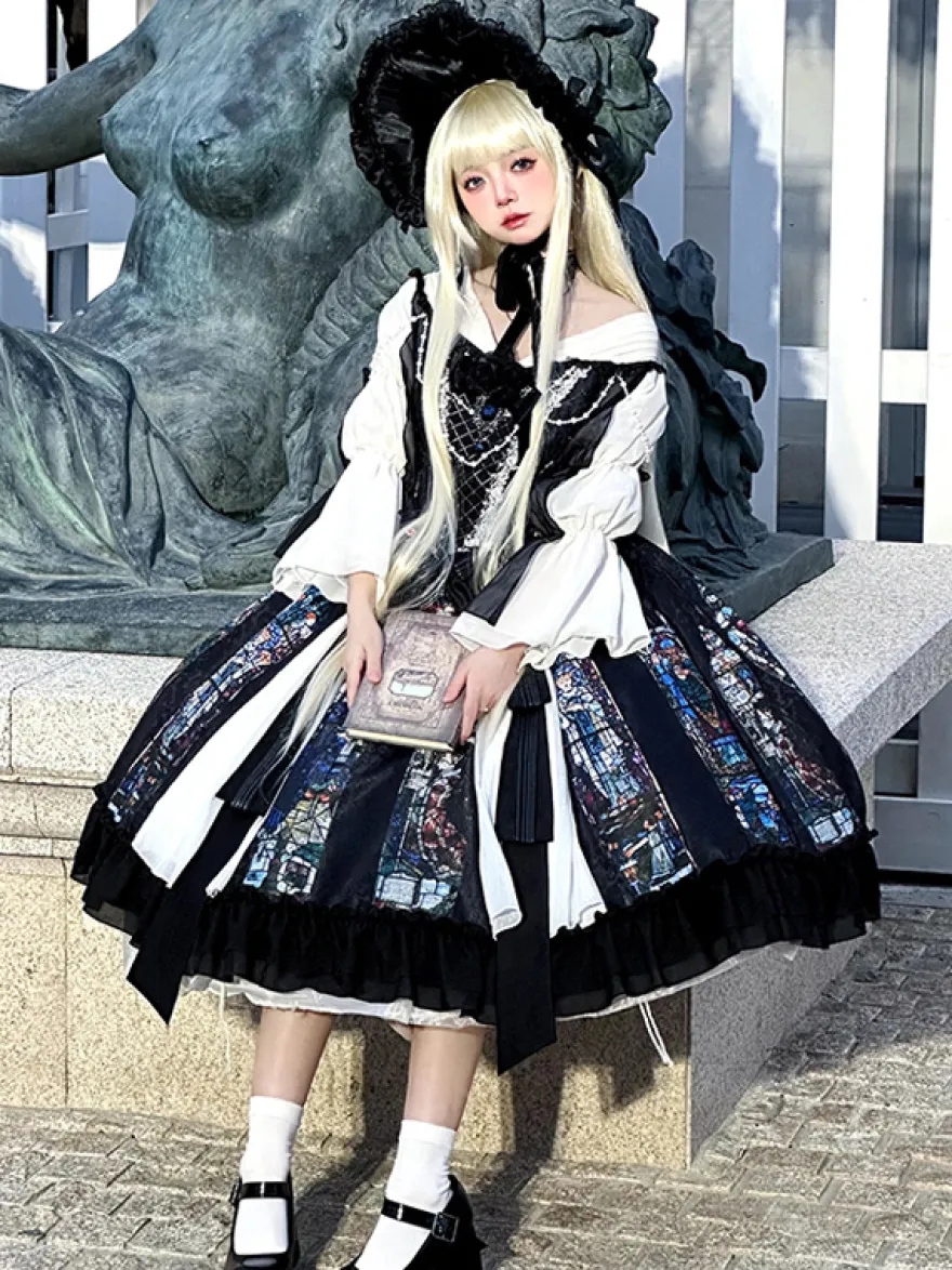 Robes Gothiques Lolita Dentelle Perles Jacquard Noir Noir