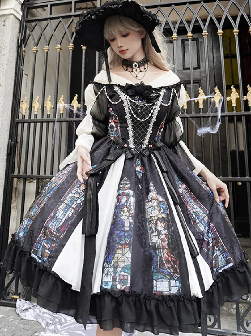 Robes Gothiques Lolita Dentelle Perles Jacquard Noir Noir