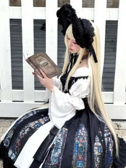 Robes Gothiques Lolita Dentelle Perles Jacquard Noir Noir