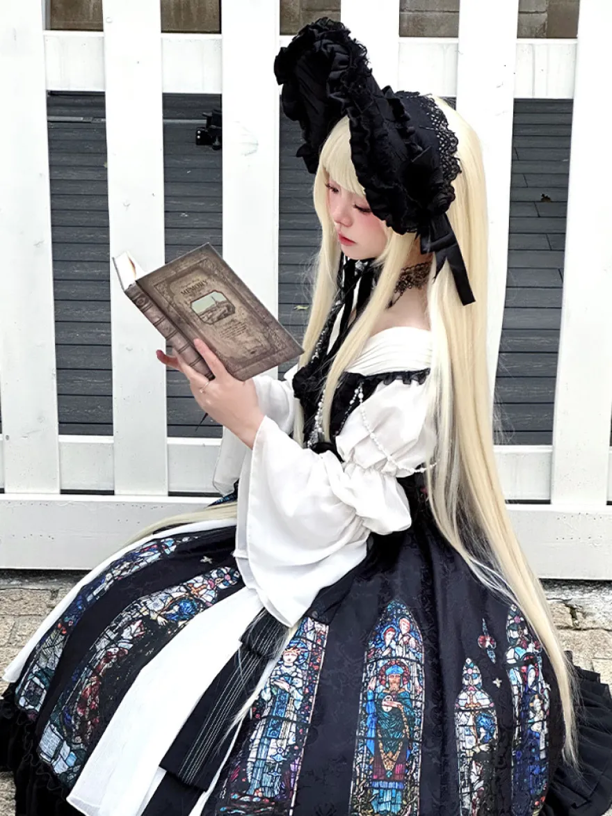 Robes Gothiques Lolita Dentelle Perles Jacquard Noir Noir
