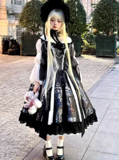 Robes Gothiques Lolita Dentelle Perles Jacquard Noir Noir