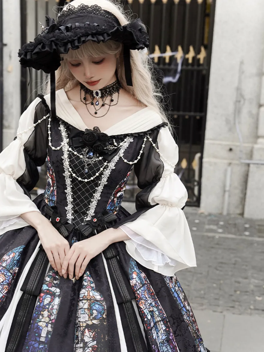 Robes Gothiques Lolita Dentelle Perles Jacquard Noir Noir