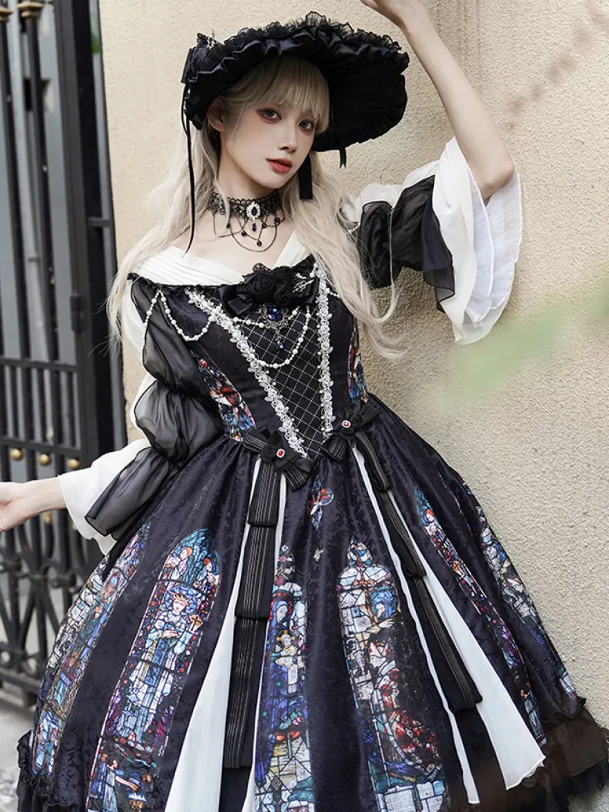 Robes Gothiques Lolita Dentelle Perles Jacquard Noir Noir