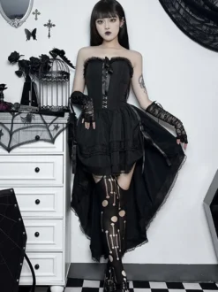 Robes Gothiques Lolita Dentelle Volants Noir Noir