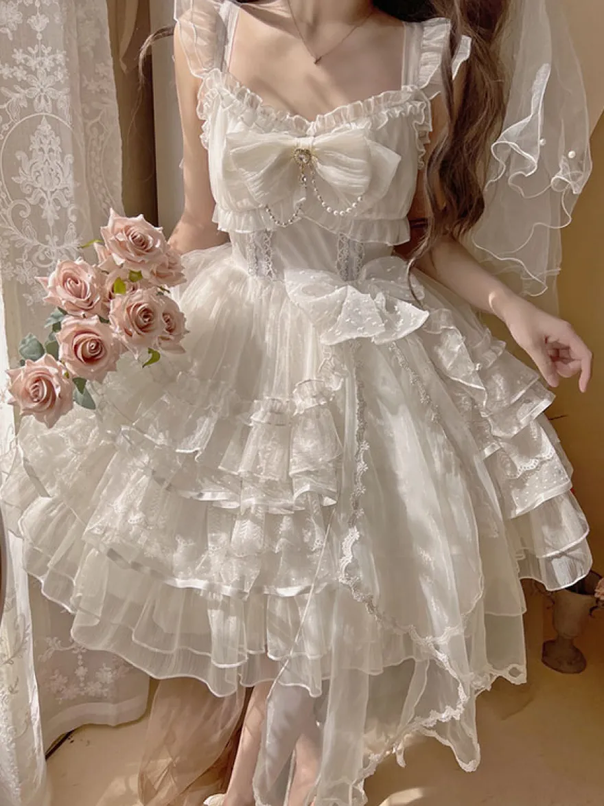Robes gothiques Lolita en dentelle à volants robe blanche à bretelles Jsk