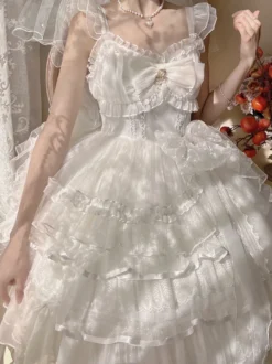 Robes gothiques Lolita en dentelle à volants robe blanche à bretelles Jsk