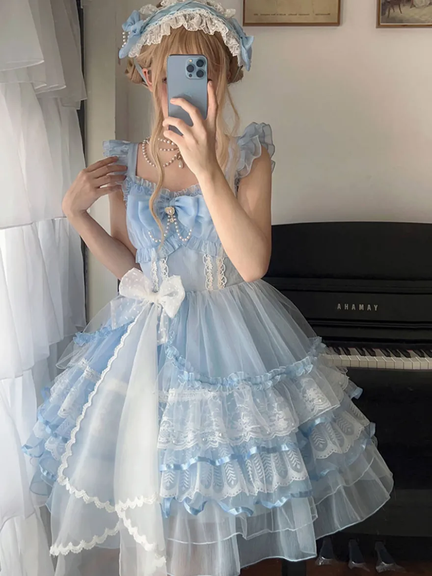 Robes gothiques Lolita en dentelle à volants robe blanche à bretelles Jsk