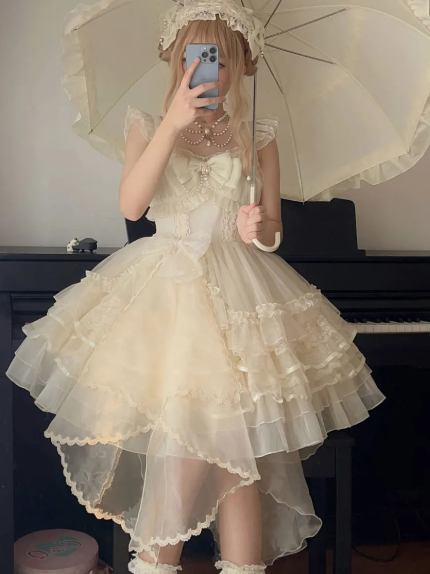 Robes gothiques Lolita en dentelle à volants robe blanche à bretelles Jsk