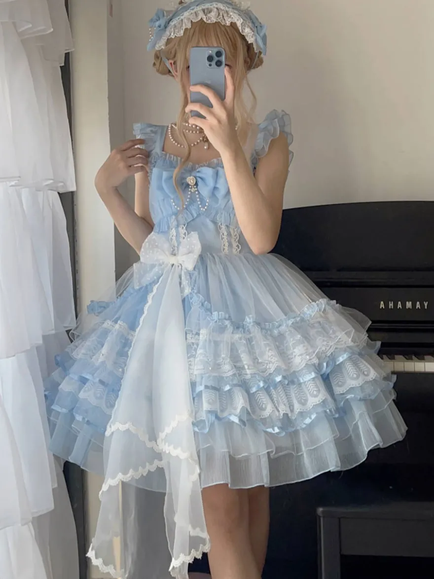 Robes gothiques Lolita en dentelle à volants robe blanche à bretelles Jsk