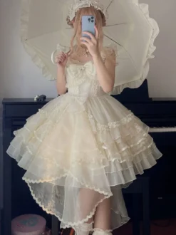 Robes gothiques Lolita en dentelle à volants robe blanche à bretelles Jsk