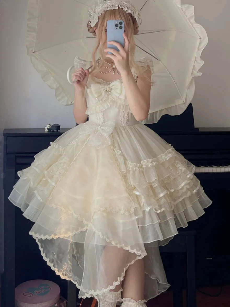 Robes gothiques Lolita en dentelle à volants robe blanche à bretelles Jsk