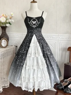 Robes gothiques Lolita en dentelle à imprimé floral noir noir