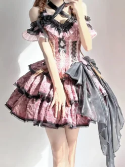 Robes Gothiques Lolita Fleurs Volants Imprimé Floral Rose Rose