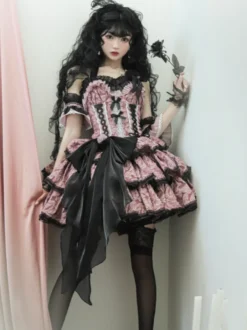 Robes Gothiques Lolita Fleurs Volants Imprimé Floral Rose Rose