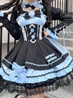 Robes gothiques Lolita à lacets en dentelle à blocs de couleurs rose bleu ciel clair JSK