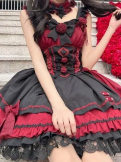 Robes gothiques Lolita à lacets en dentelle à blocs de couleurs rose bleu ciel clair JSK