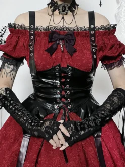 Robes Gothiques Lolita À Lacets Volants Jacquard Color Block Rouge Rouge