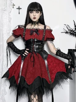 Robes Gothiques Lolita À Lacets Volants Jacquard Color Block Rouge Rouge