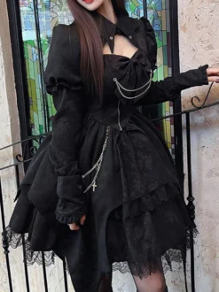 Robes Gothiques Lolita À Lacets Noir Vintage Manches Longues