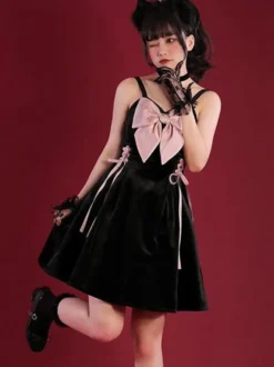 Robes gothiques Lolita à lacets avec nœuds noir rose vintage JSK