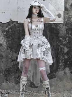 Robes gothiques Lolita à lacets et volants imprimé floral écru et blanc JSK