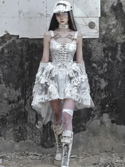 Robes gothiques Lolita à lacets et volants imprimé floral écru et blanc JSK