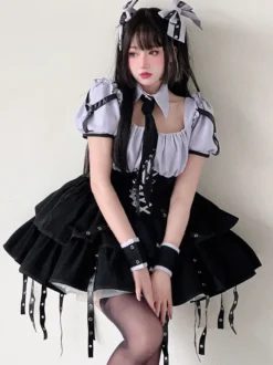 Robes Gothiques Lolita Lacets Steampunk Violet Manches Longues Robe Courte
