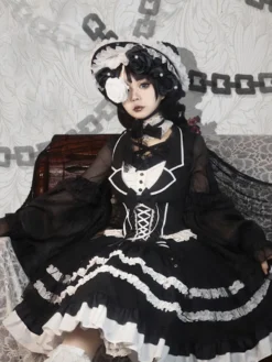 Robes Gothiques Lolita Nœuds Dentelle Noir Blanche Style Servante
