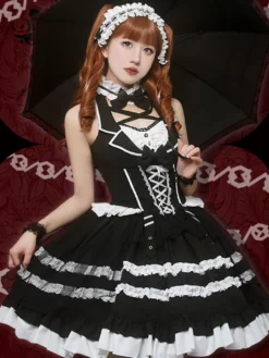 Robes Gothiques Lolita Nœuds Dentelle Noir Blanche Style Servante