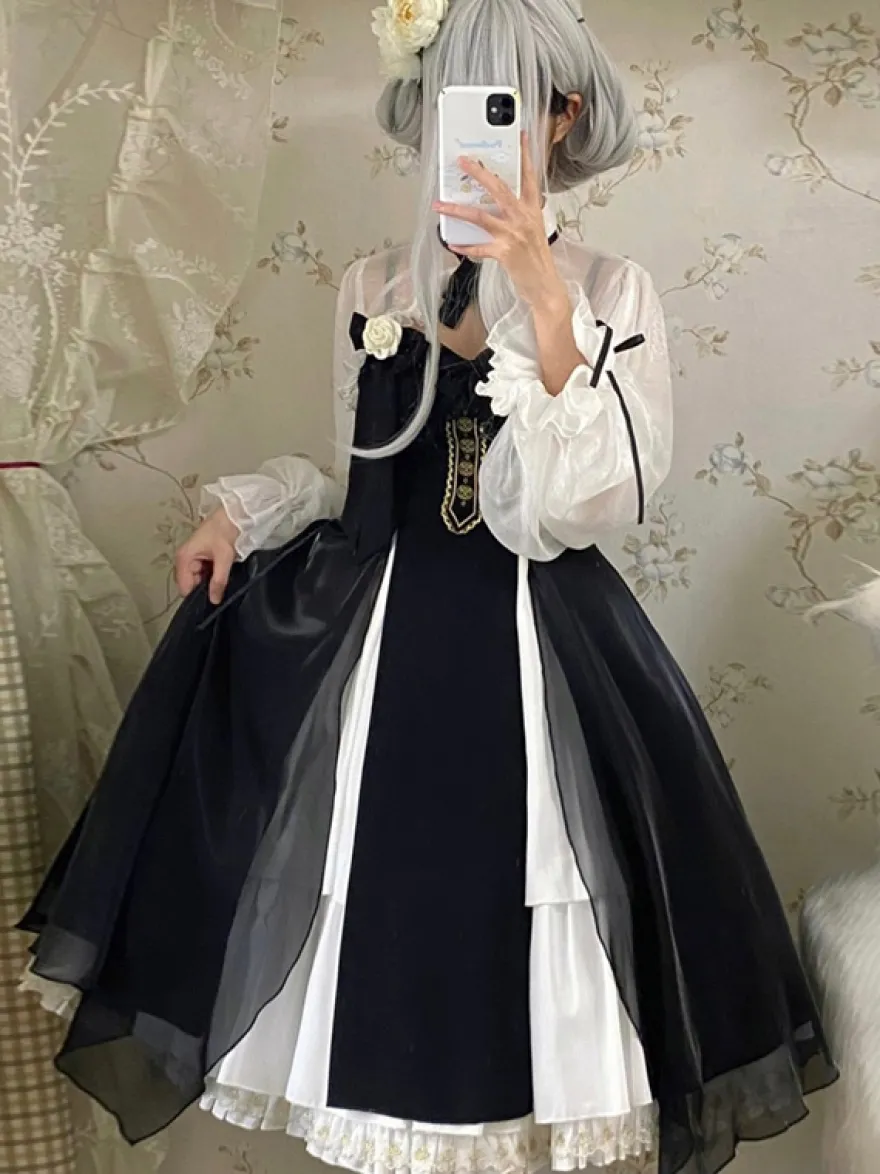 Robes Gothiques Lolita Nœuds Volants Noir Blanche Vintage