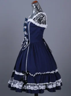 Robes gothiques Lolita à volants et nœuds Bloc de couleurs Bleu Bleu