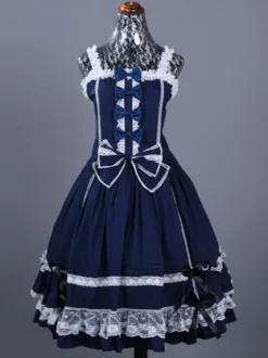 Robes gothiques Lolita à volants et nœuds Bloc de couleurs Bleu Bleu