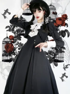 Robes Gothiques Lolita Volants Plissé Noir Manches Longues